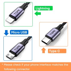  Cáp Sạc Nhanh TOPK AN10 Vỏ Kim Loại Dây Bện Nylon Cho iPhone Cổng Micro USB Type C